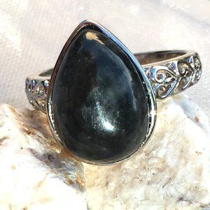 Genuine Burmese Black Jade Ring .925 Silver RARE Type A Jadeite 100% Natural